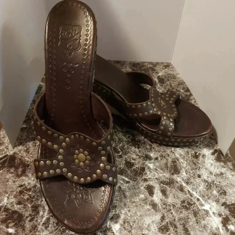 Ash | Brown Leather Studded Engraved Wedge Sandals